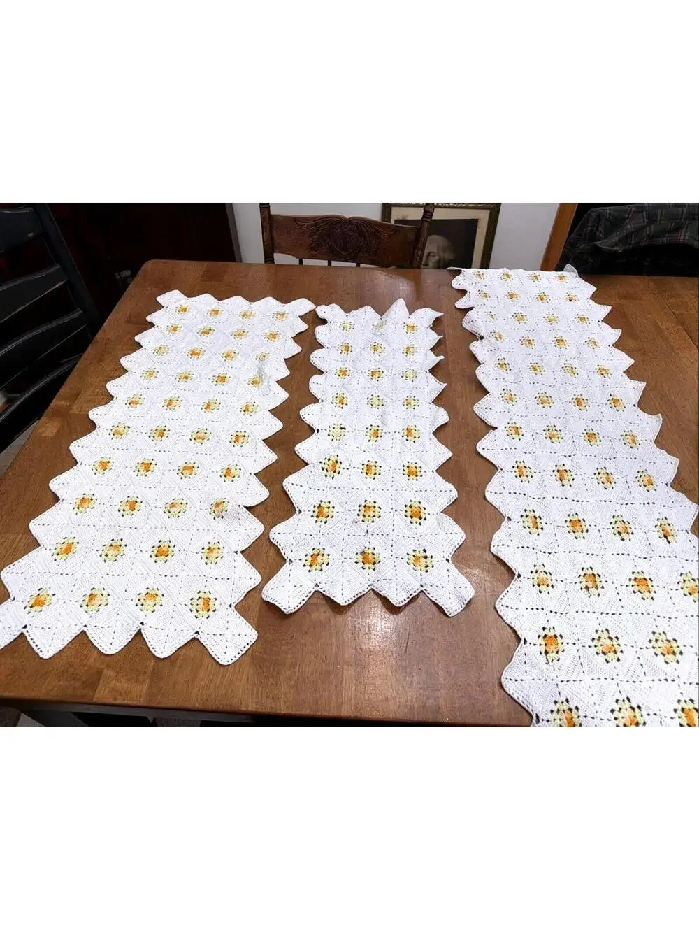 vintage table runner dresser Scarf doily crocheted flower Floral yellow Lot 3